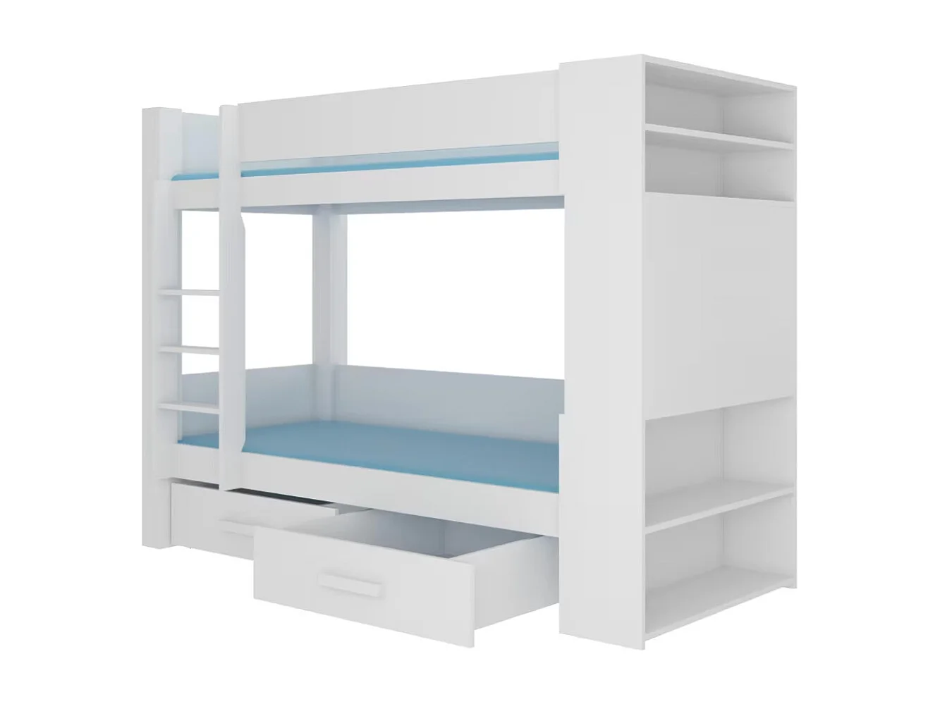 Lit superposé blanc et gris clair 2 couchages 90x200 avec rangement Mila