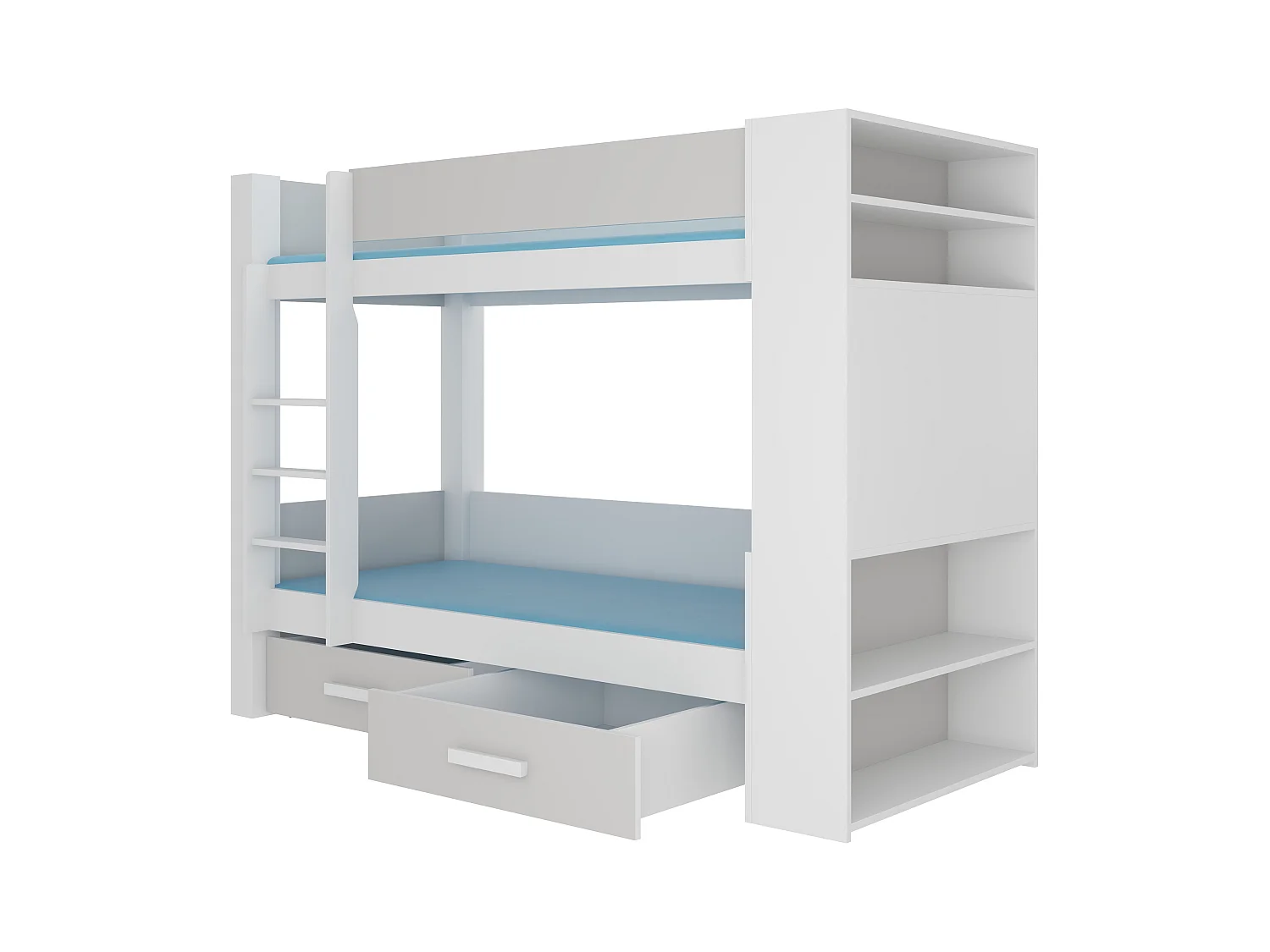 Lit superposé blanc et gris clair 2 couchages 90x200 avec rangement Mila