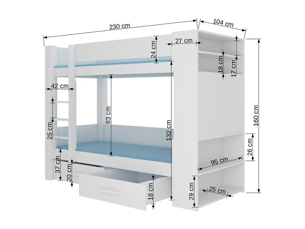 Lit superposé blanc et gris clair 2 couchages 90x200 avec rangement Mila