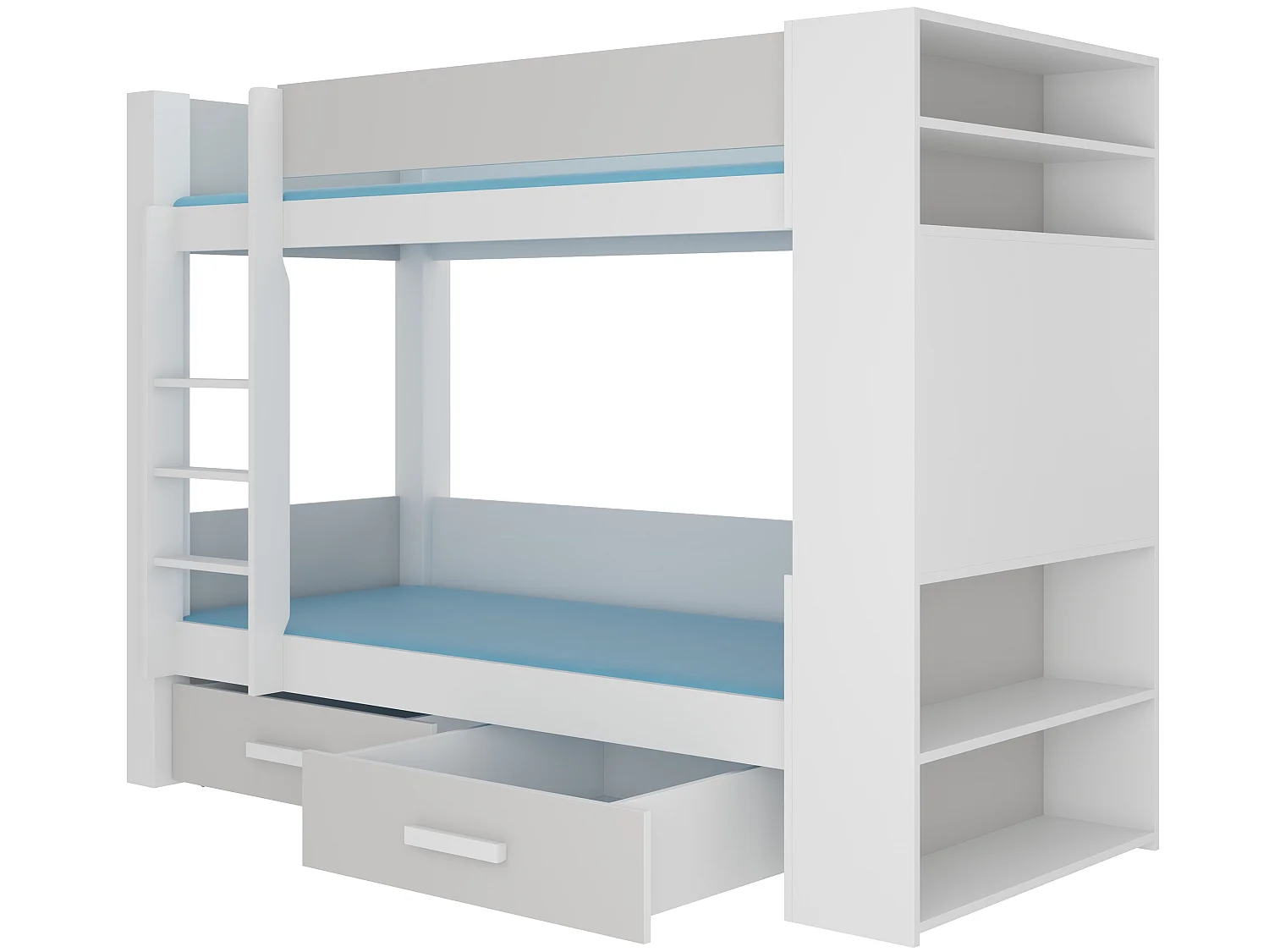 Lit superposé blanc et gris clair 2 couchages 90x200 avec rangement Mila