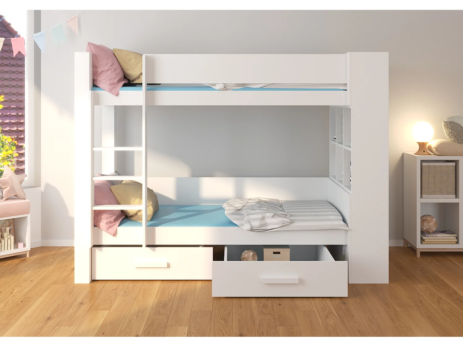 Lit superposé blanc et gris clair 2 couchages 90x200 avec rangement Mila