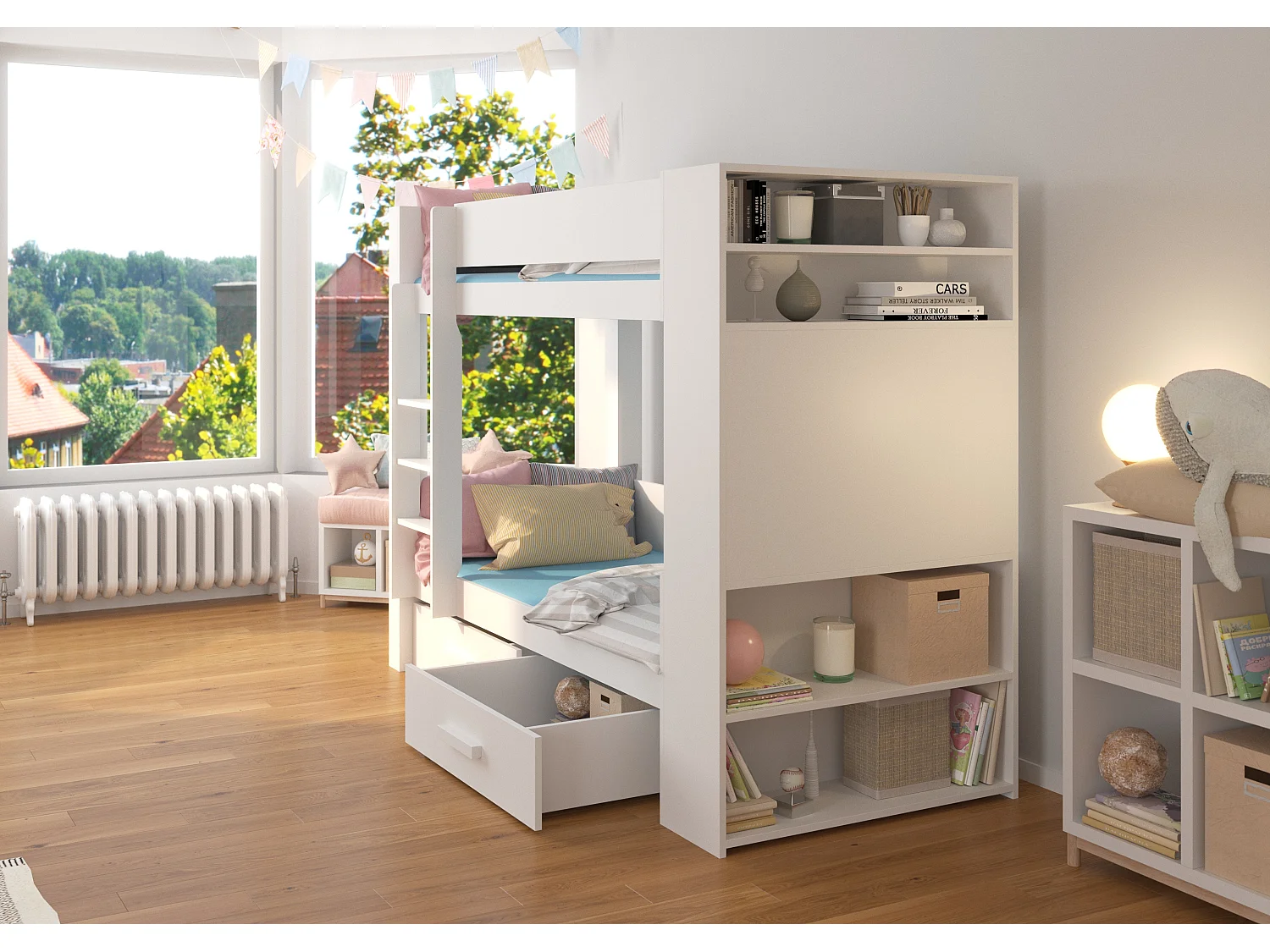Lit superposé blanc et gris clair 2 couchages 90x200 avec rangement Mila