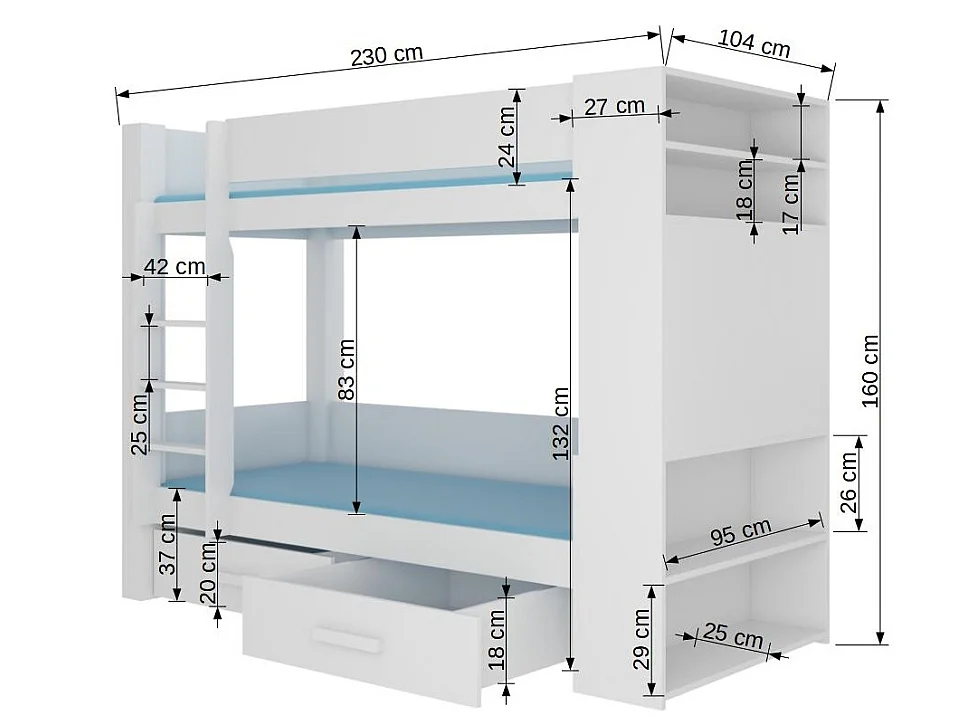 Lit superposé blanc et gris clair 2 couchages 90x200 avec rangement Mila