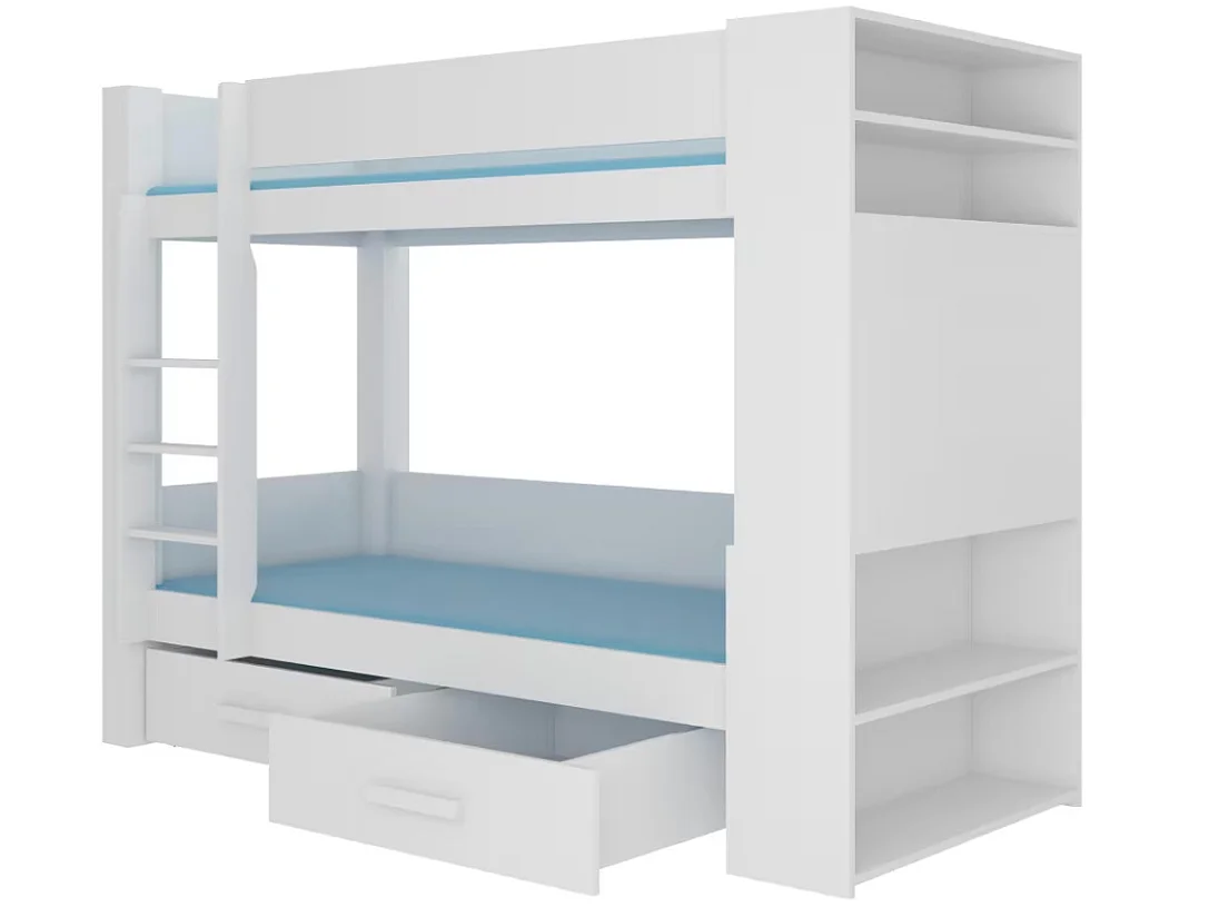 Lit superposé blanc et gris clair 2 couchages 90x200 avec rangement Mila