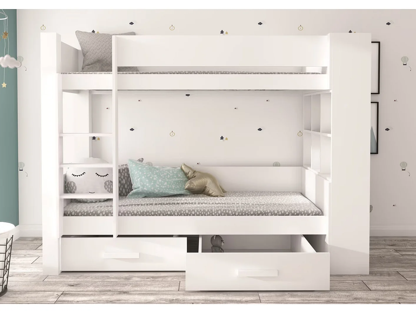 Lit superposé blanc et gris clair 2 couchages 90x200 avec rangement Mila