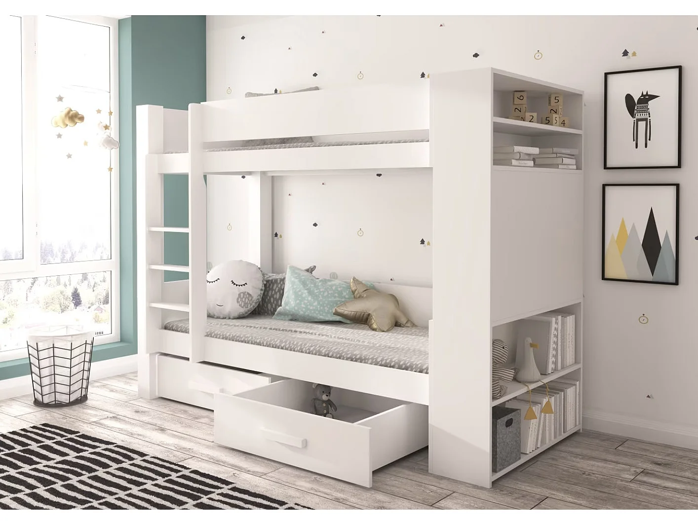 Lit superposé blanc et gris clair 2 couchages 90x200 avec rangement Mila