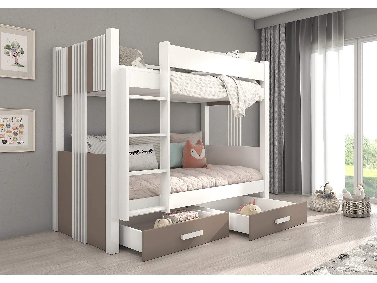 Lit superposé blanc et taupe 2 couchages 80x180 ou 90x200 avec tiroirs de rangement Luka-2 matelas 80x180-80x180