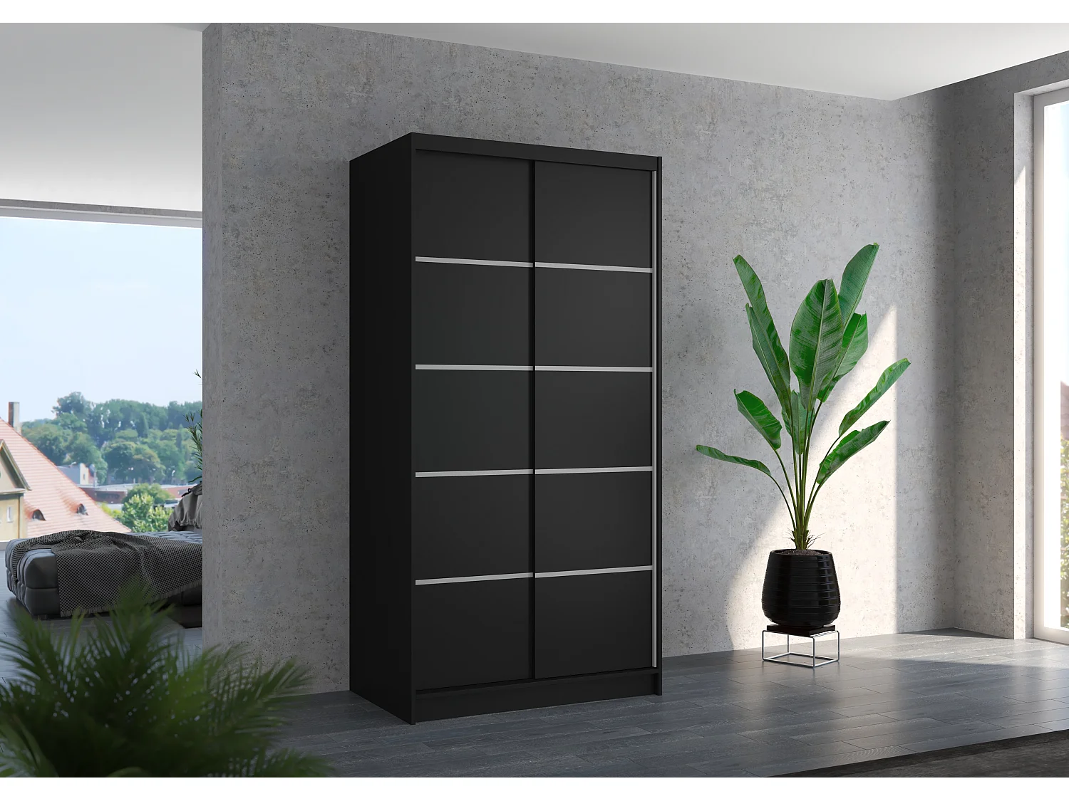 Petite armoire de chambre noir 2 portes coulissantes Rika 100cm