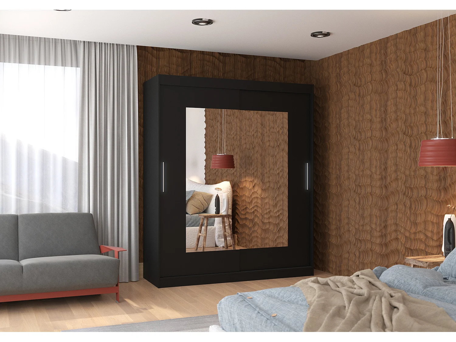 Armoire de chambre moderne noir 2 portes coulissantes avec miroir Rozika 180cm