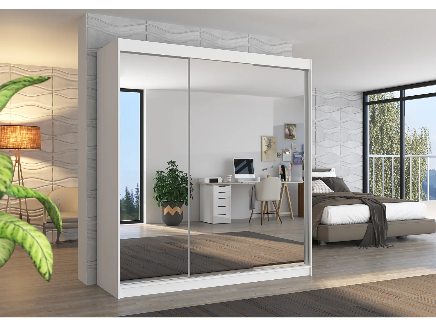 Armoire chambre adulte 2 portes coulissantes bois blanc et miroir Kostina 200cm