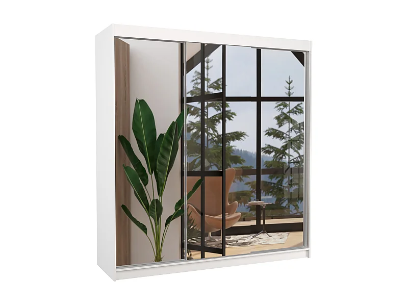 Armoire chambre adulte 2 portes coulissantes bois blanc et miroir Kostina 200cm