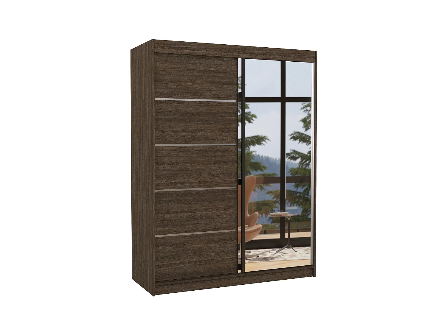 Armoire de chambre 2 portes coulissantes 1 bois foncé et 1 miroir Limka 150cm