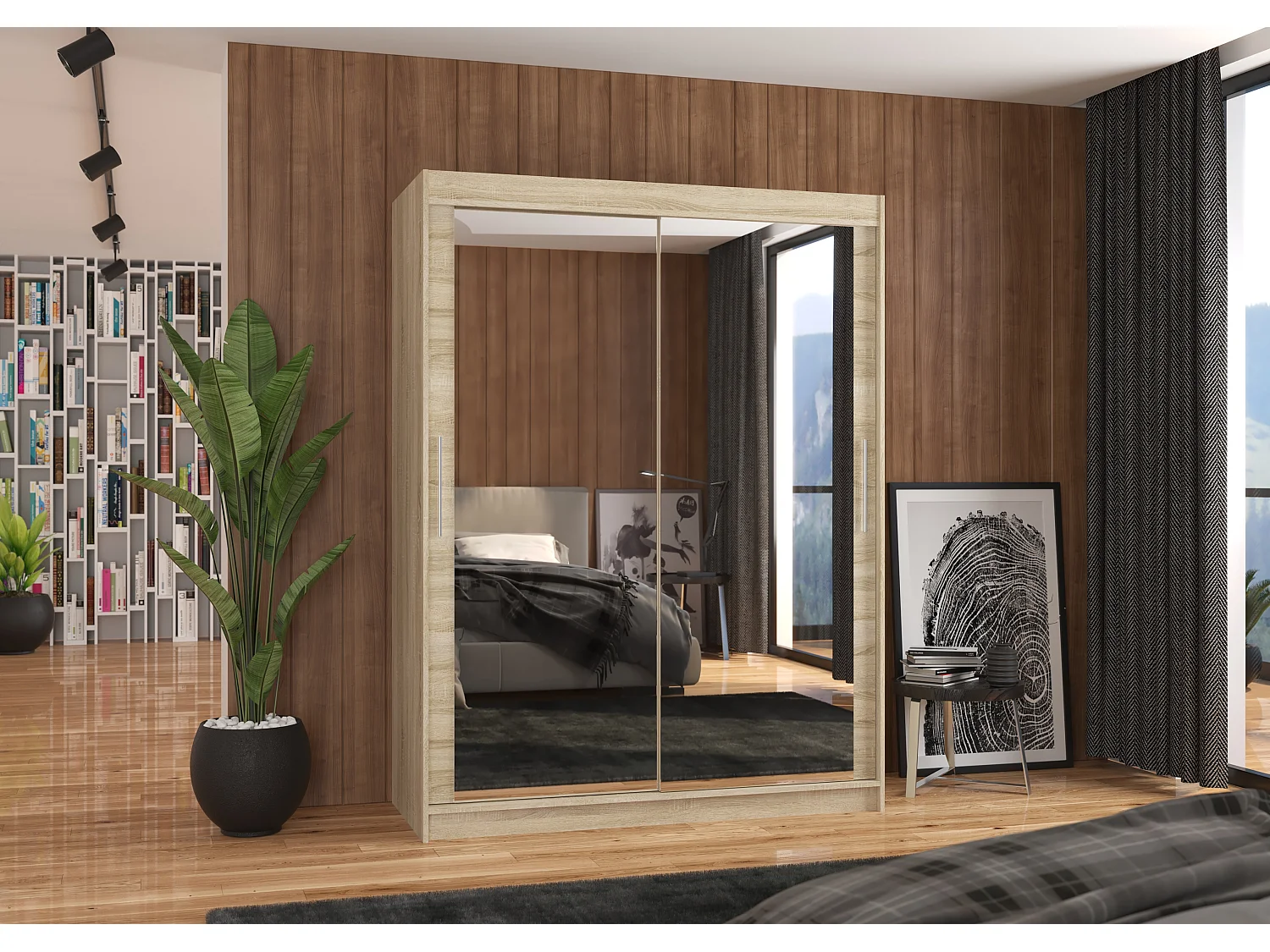 Armoire de chambre bois clair 2 portes coulissantes avec miroir Prima 150cm