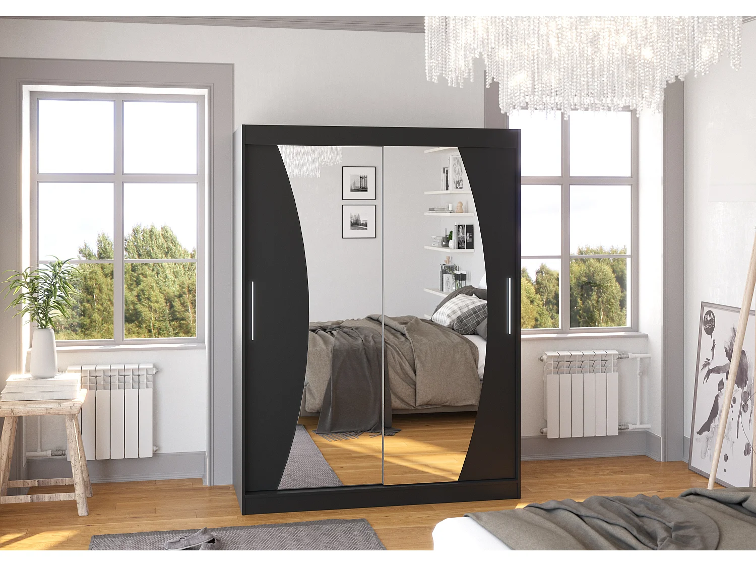 Armoire de chambre noir 2 portes coulissantes avec miroir Modela 150cm