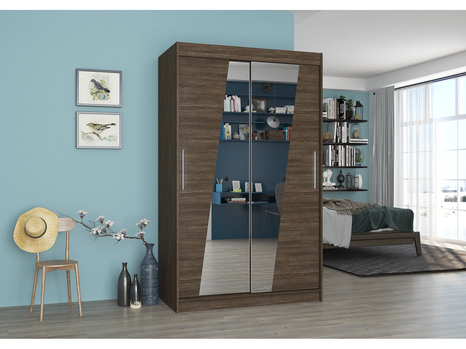 Petite armoire de chambre 2 portes coulissantes bois foncé et miroirs en diagonale Texano 120cm