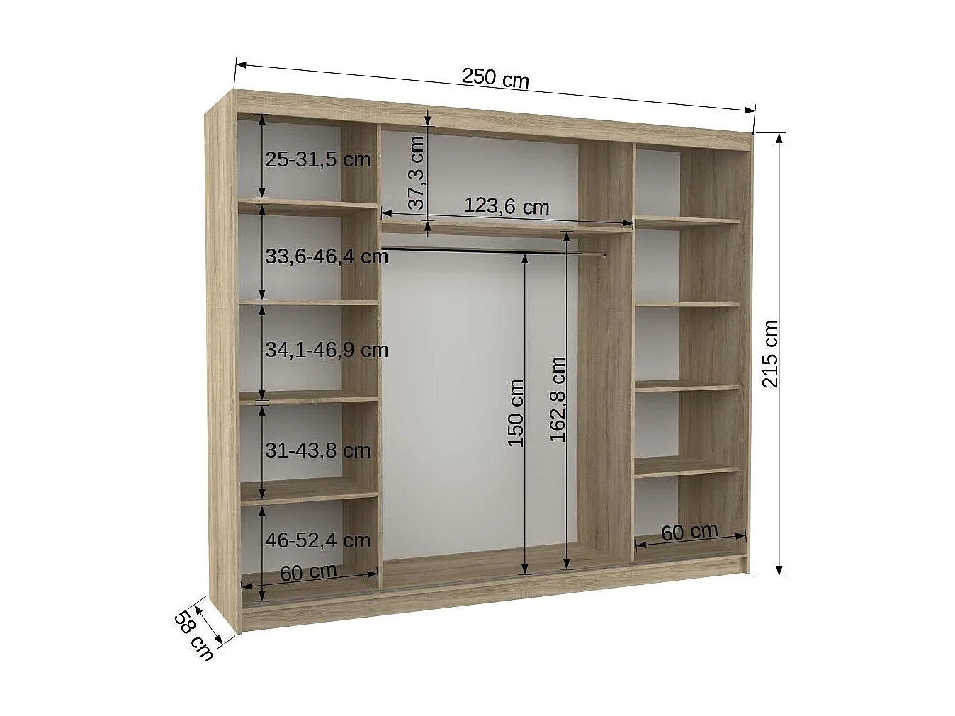 Grande armoire de chambre à coucher 3 portes coulissantes noir et miroir Kerry 250cm