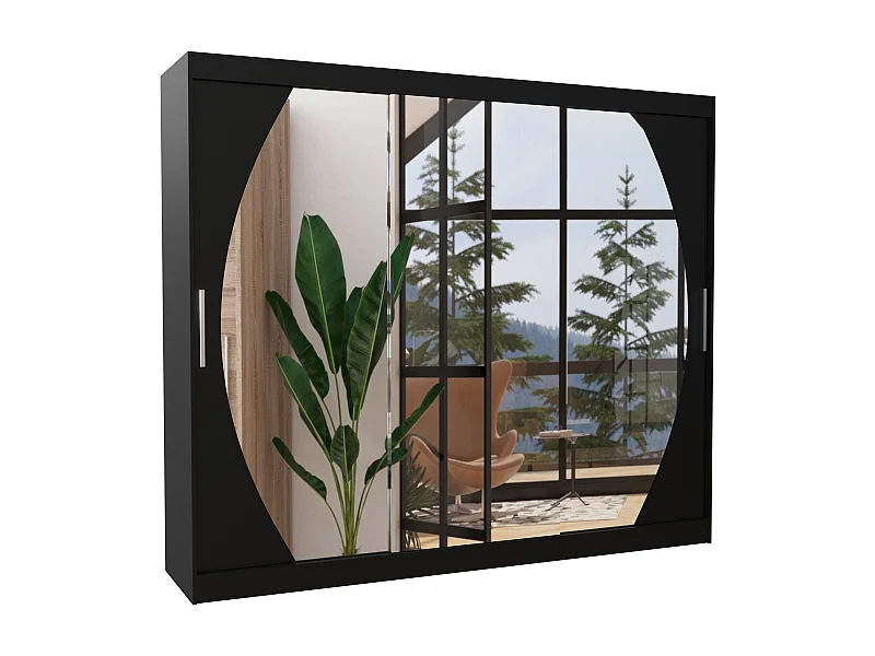 Grande armoire de chambre à coucher 3 portes coulissantes noir et miroir Kerry 250cm