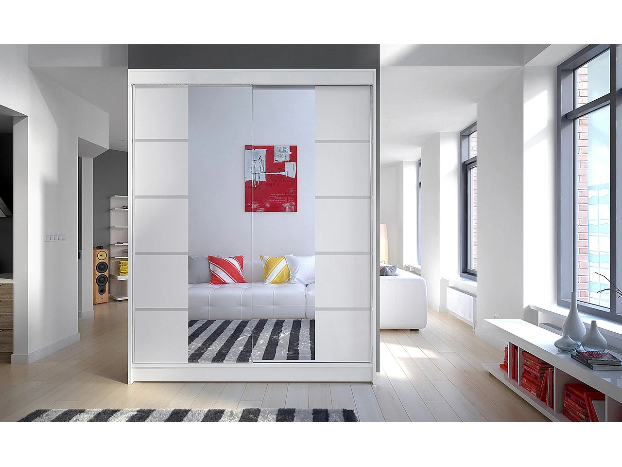 Armoire de chambre 2 portes coulissantes bois blanc et miroir Norka 150cm