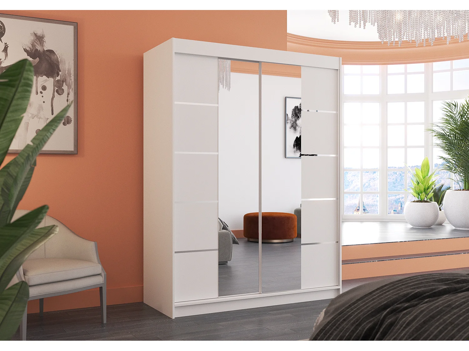 Armoire de chambre 2 portes coulissantes bois blanc et miroir Norka 150cm