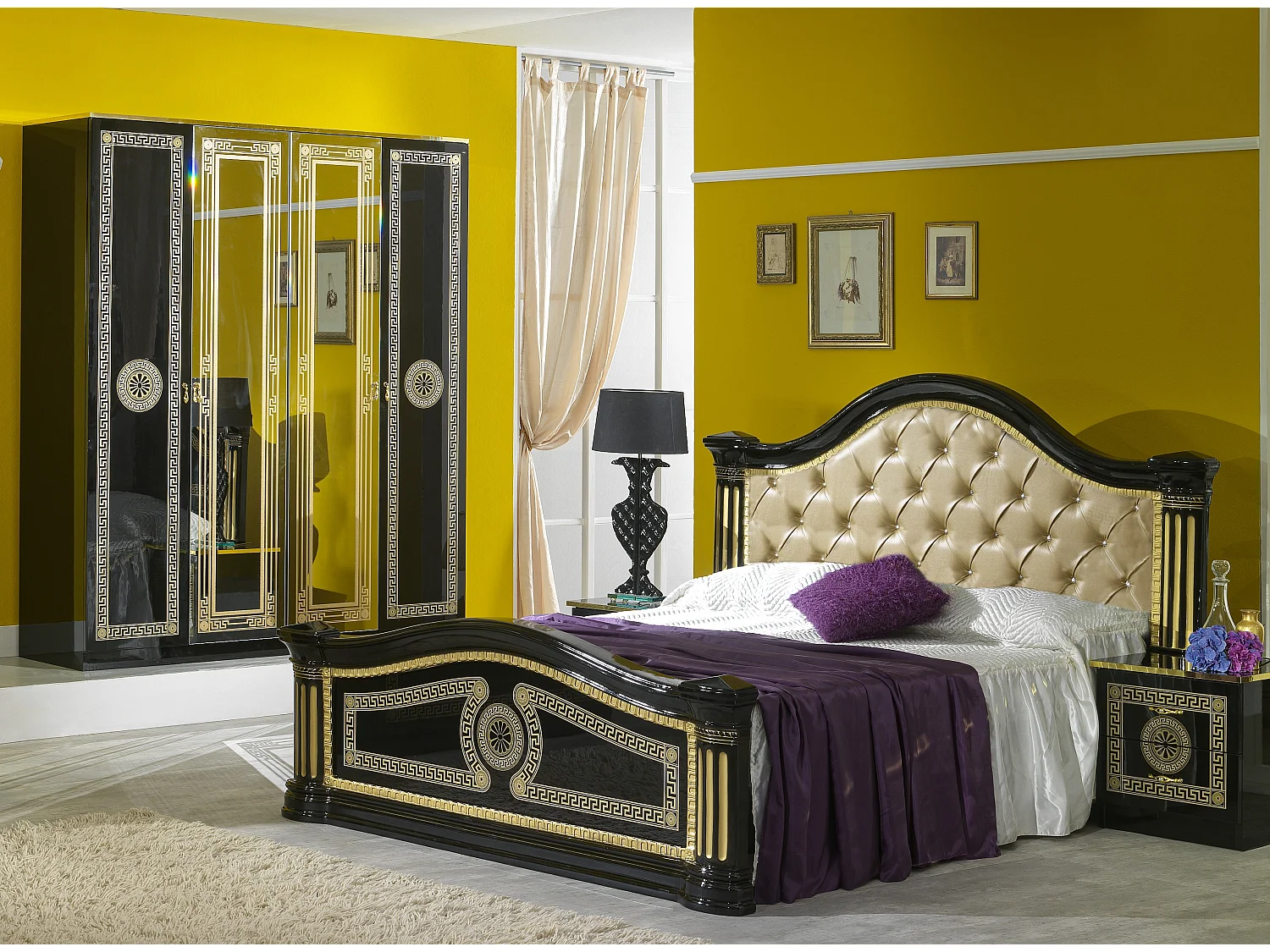 Armoire adulte 4 portes 2 avec miroirs laqué noir et doré Savana 181cm