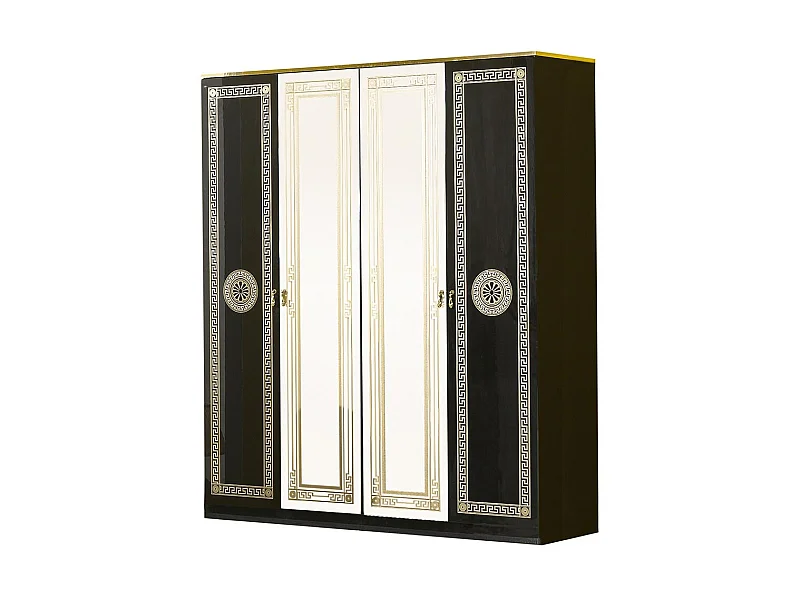 Armoire adulte 4 portes 2 avec miroirs laqué noir et doré Savana 181cm
