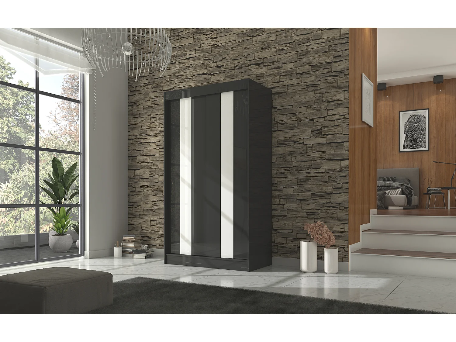 Armoire de chambre à portes coulissantes bois noir mat et blanc laqué Karola - 3 tailles-Largeur 120 cm