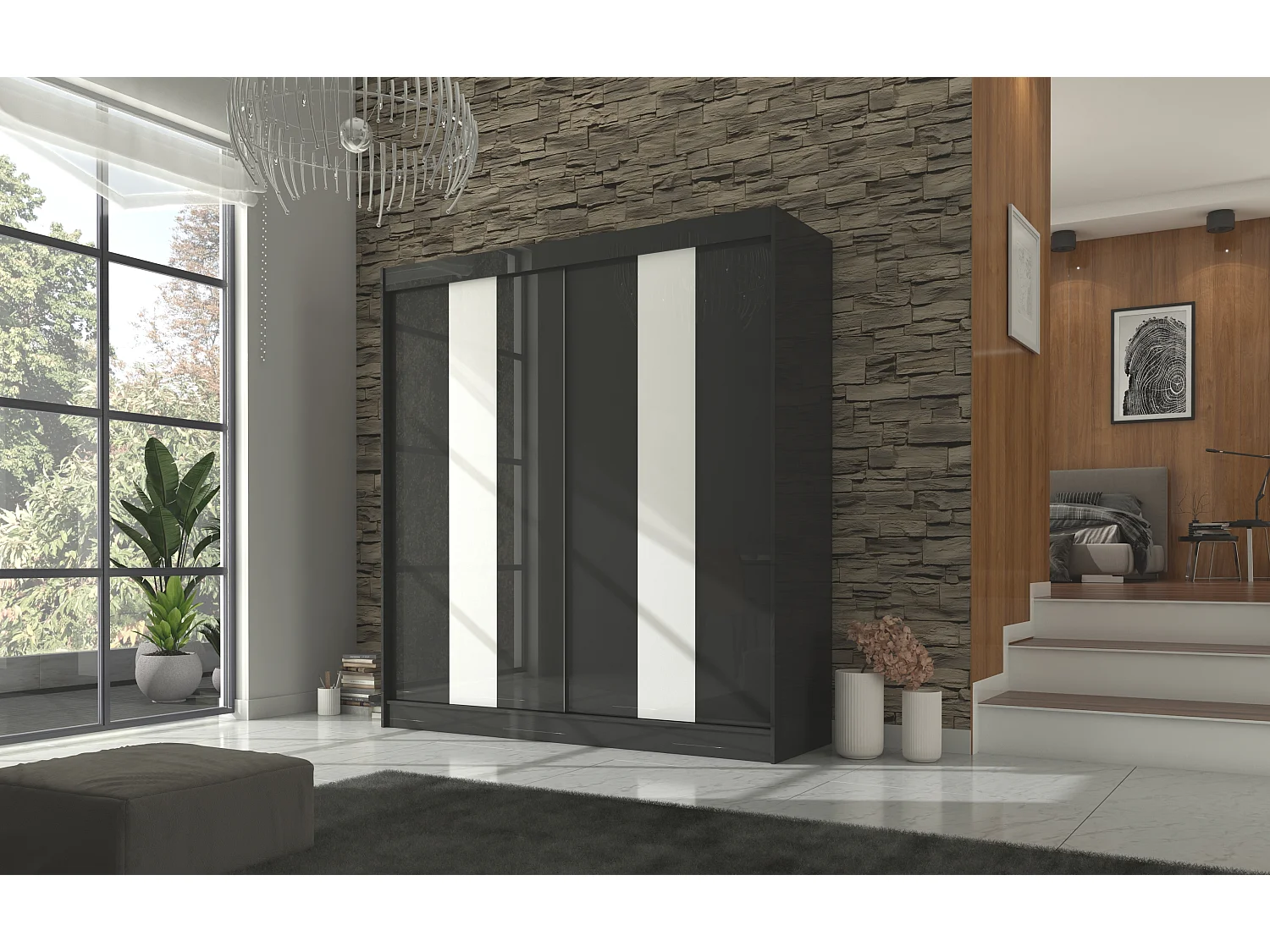 Armoire de chambre à portes coulissantes bois noir mat et blanc laqué Karola - 3 tailles-Largeur 120 cm