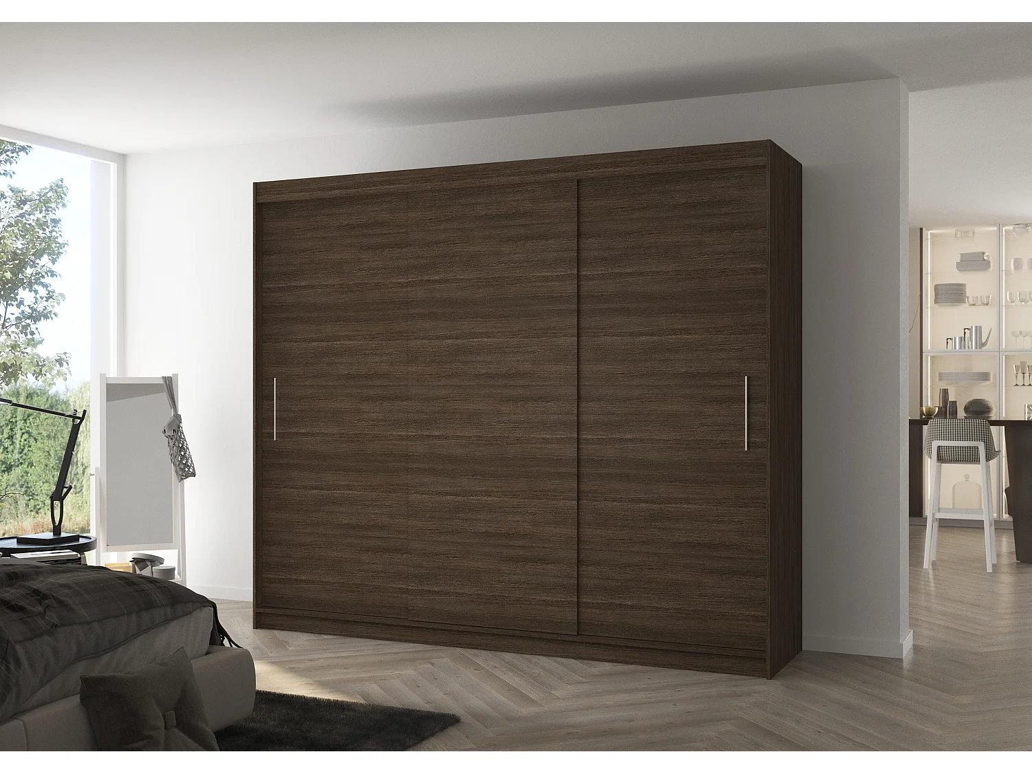Grande armoire de chambre 3 portes coulissantes marron Badoz 250cm