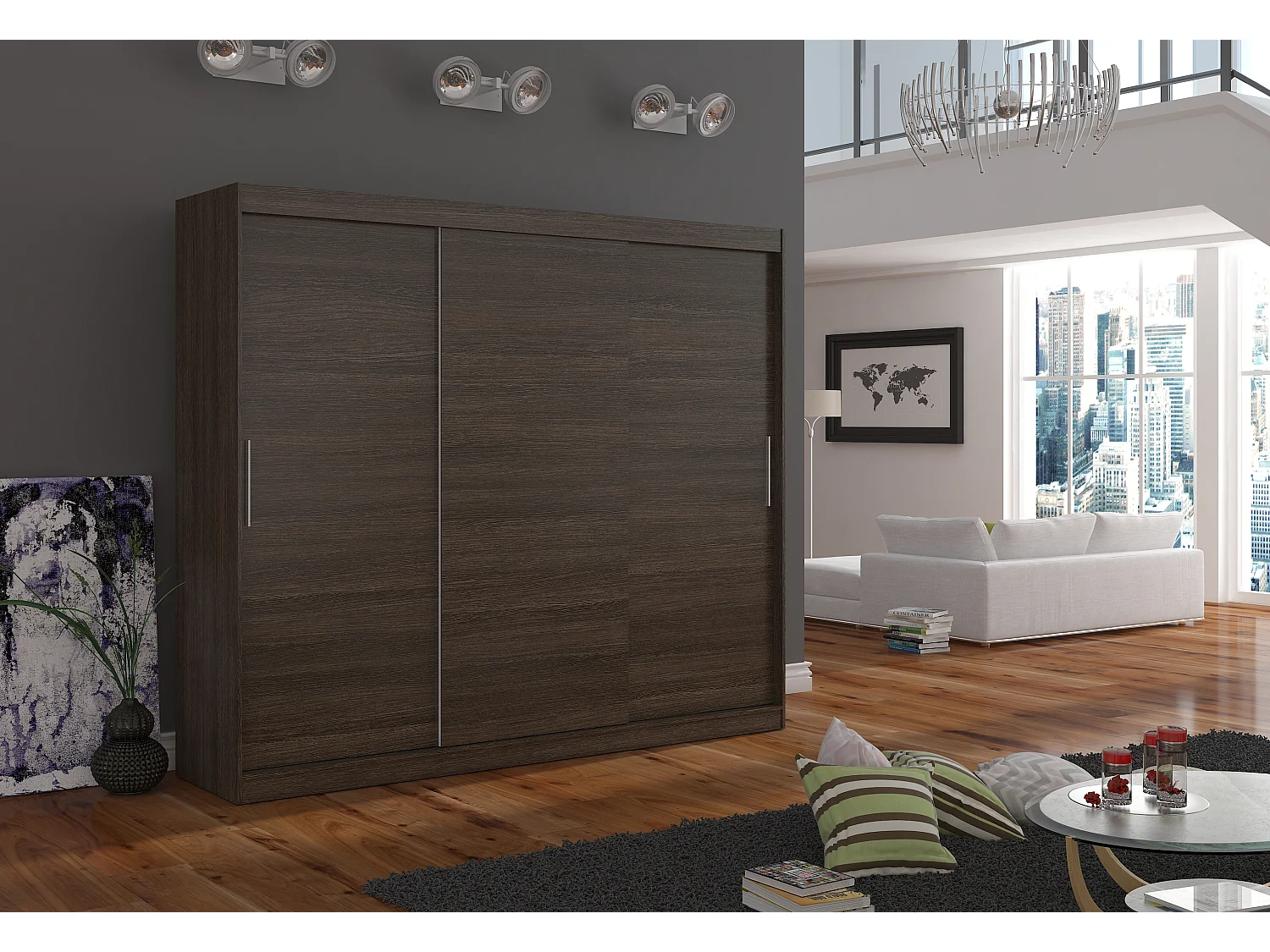 Grande armoire de chambre 3 portes coulissantes marron Badoz 250cm