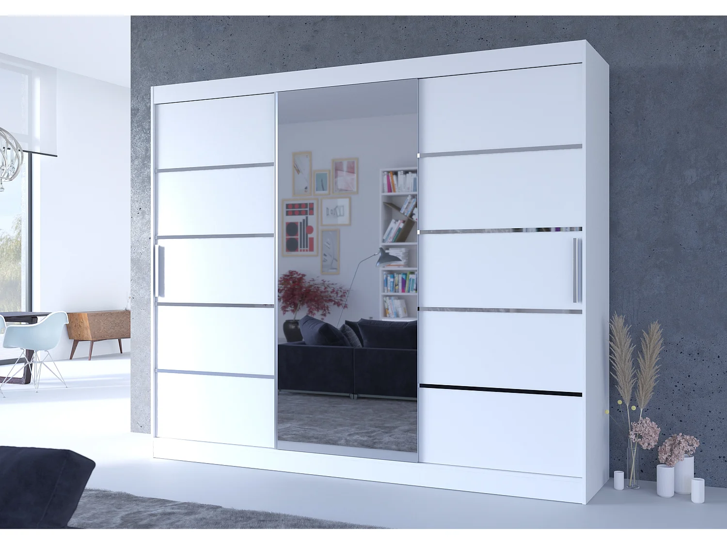 Grande armoire de chambre à coucher 3 portes coulissantes blanches et alu avec miroir Cindy 250cm