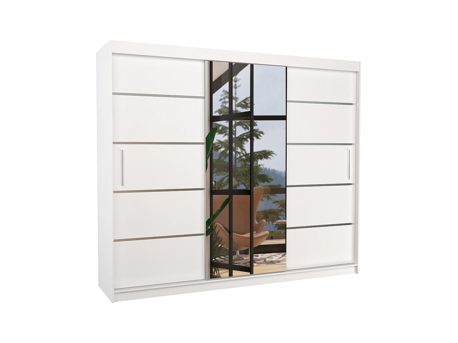 Grande armoire de chambre à coucher 3 portes coulissantes blanches et alu avec miroir Cindy 250cm