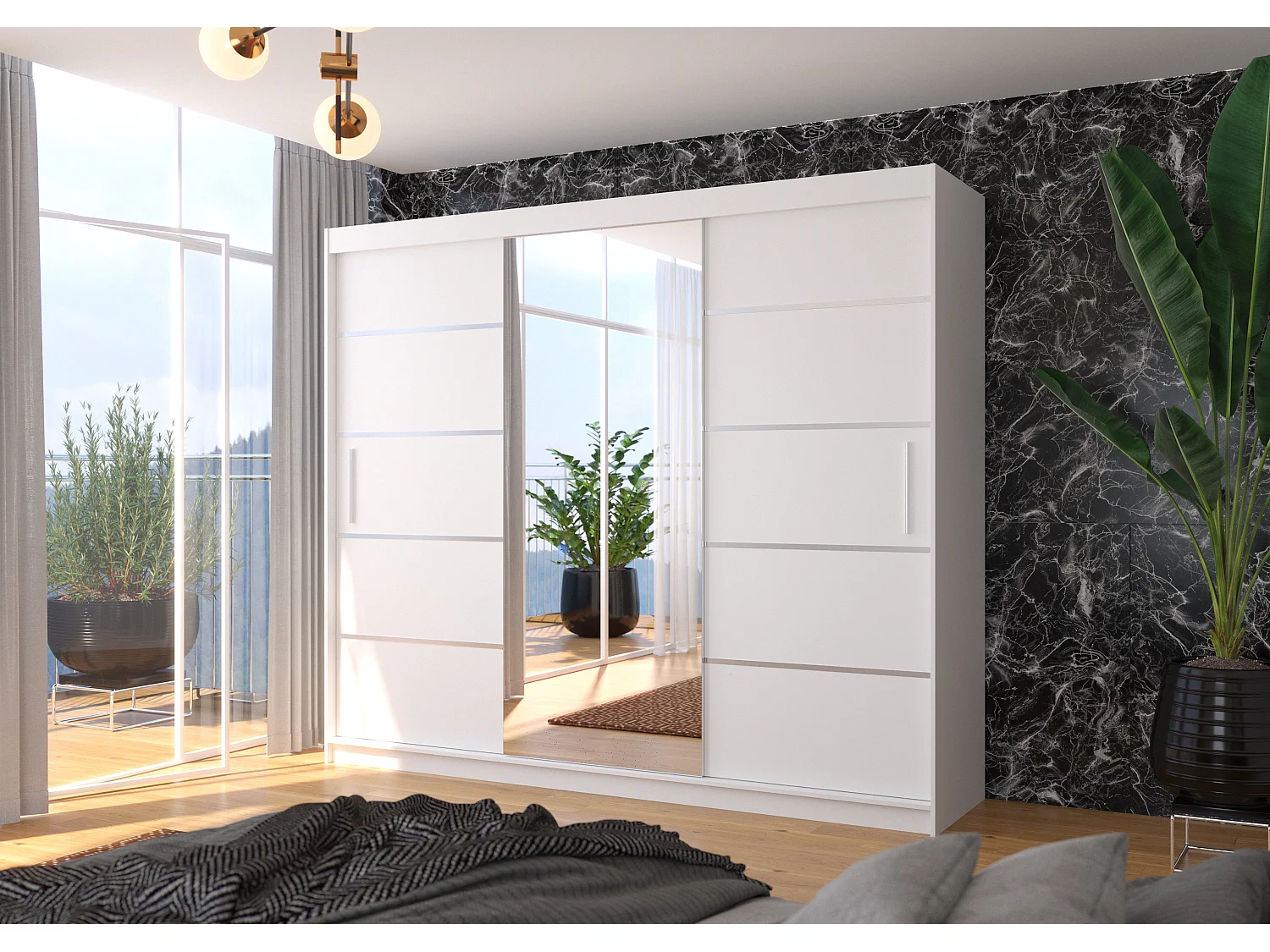 Grande armoire de chambre à coucher 3 portes coulissantes blanches et alu avec miroir Cindy 250cm