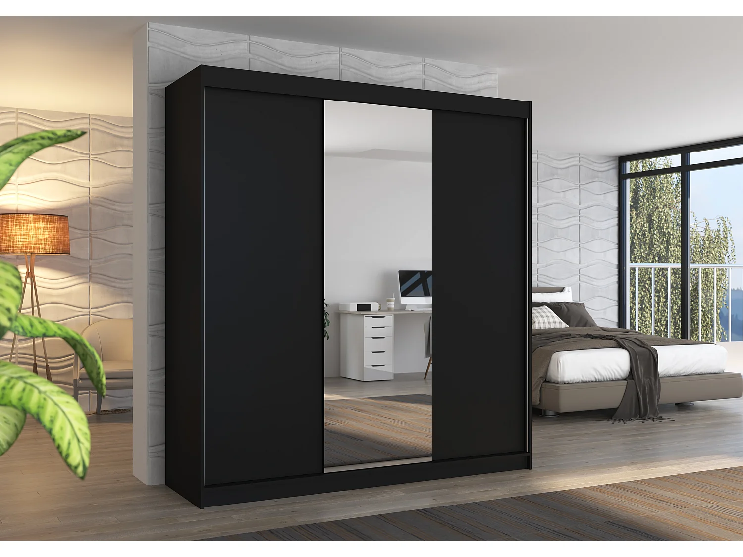 Armoire chambre adulte 2 portes coulissantes bois noir et miroir Zafa 200cm 2