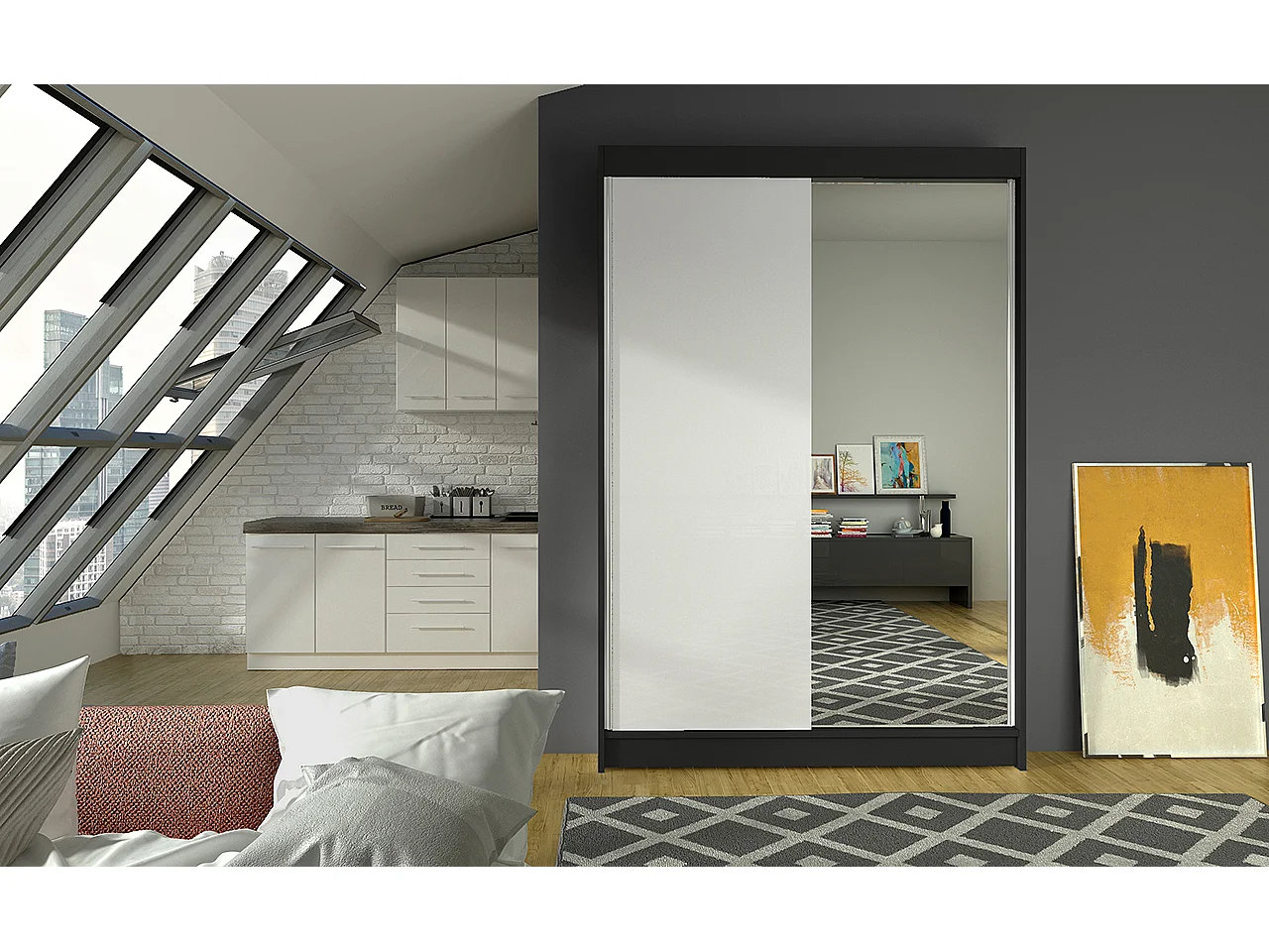 Petite armoire de chambre noir 2 portes coulissantes 1 bois blanc 1 miroir Roxane 120cm