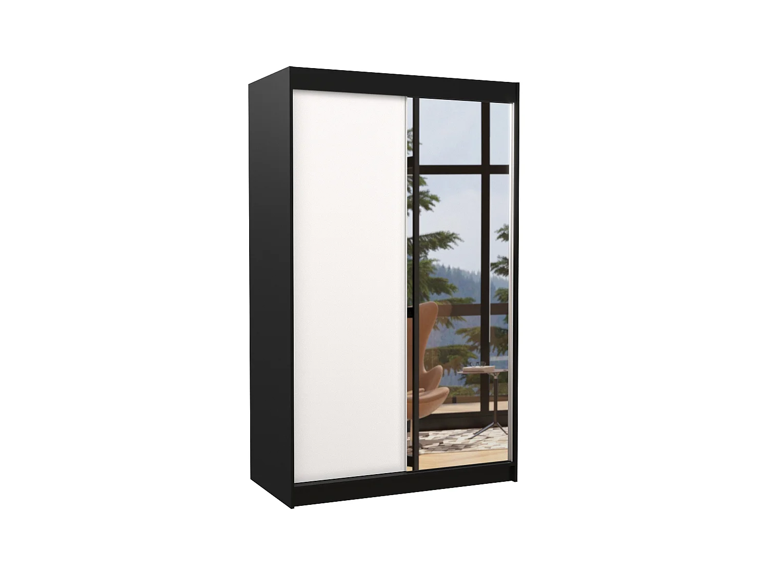 Petite armoire de chambre noir 2 portes coulissantes 1 bois blanc 1 miroir Roxane 120cm