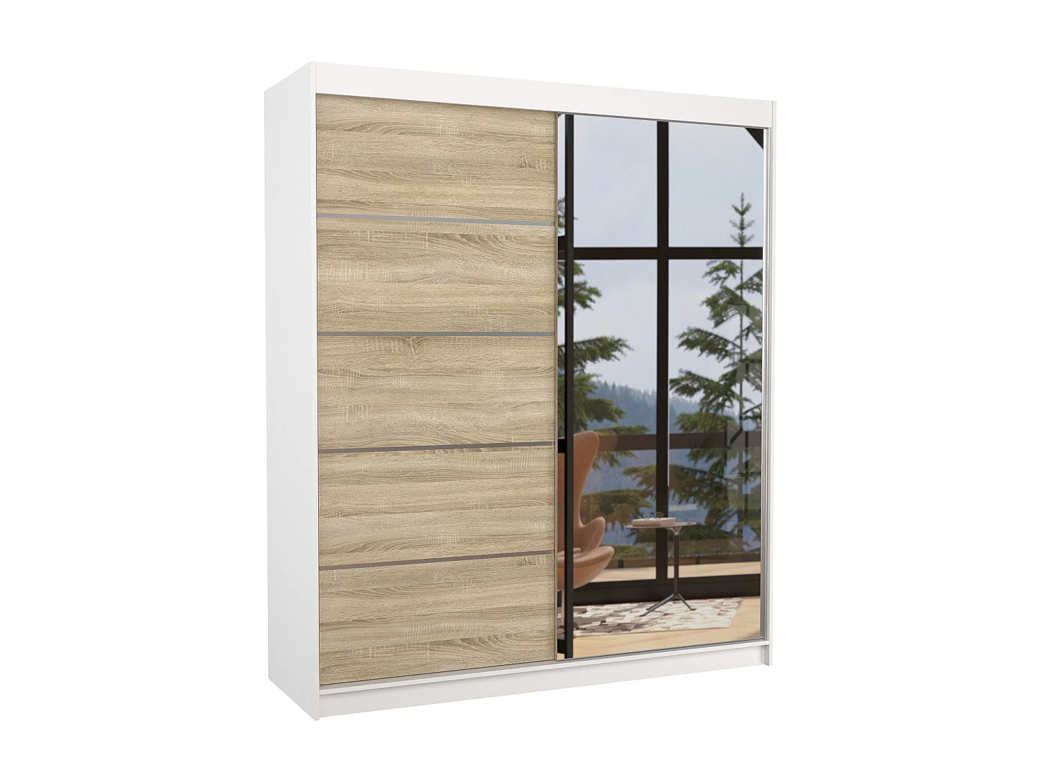 Armoire de chambre design blanche 2 portes coulissantes bois clair et alu avec miroir Karena 180cm