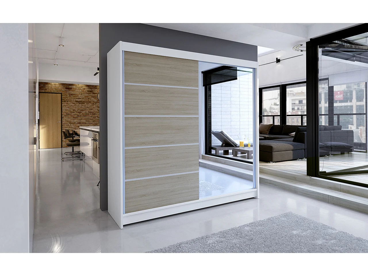 Armoire de chambre design blanche 2 portes coulissantes bois clair et alu avec miroir Karena 180cm