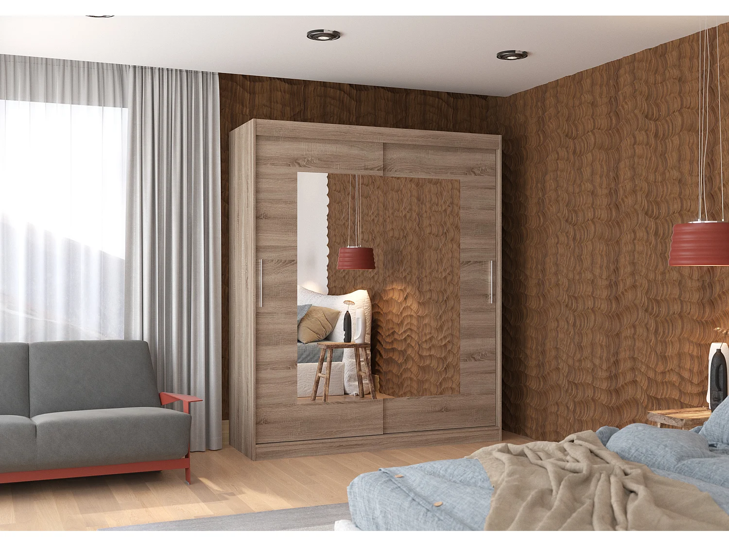 Armoire de chambre moderne bois truffe 2 portes coulissantes avec miroir Rozika 180cm