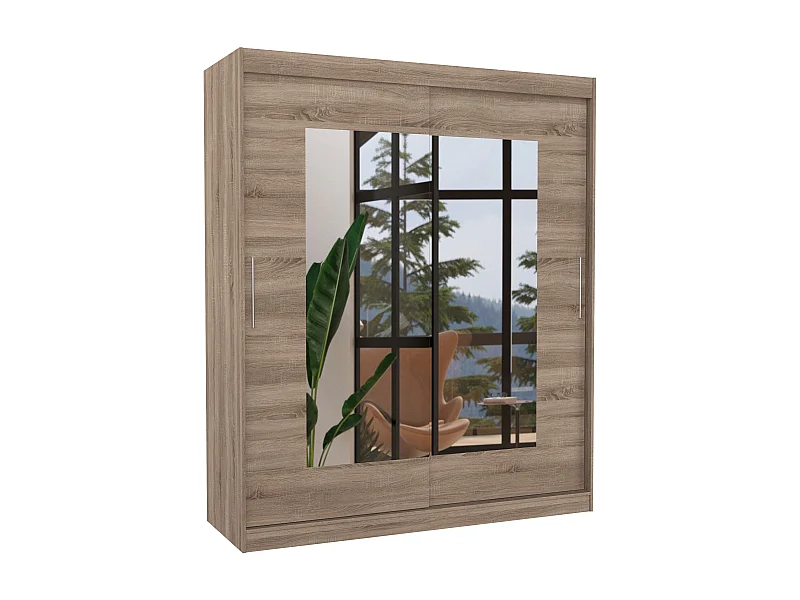 Armoire de chambre moderne bois truffe 2 portes coulissantes avec miroir Rozika 180cm