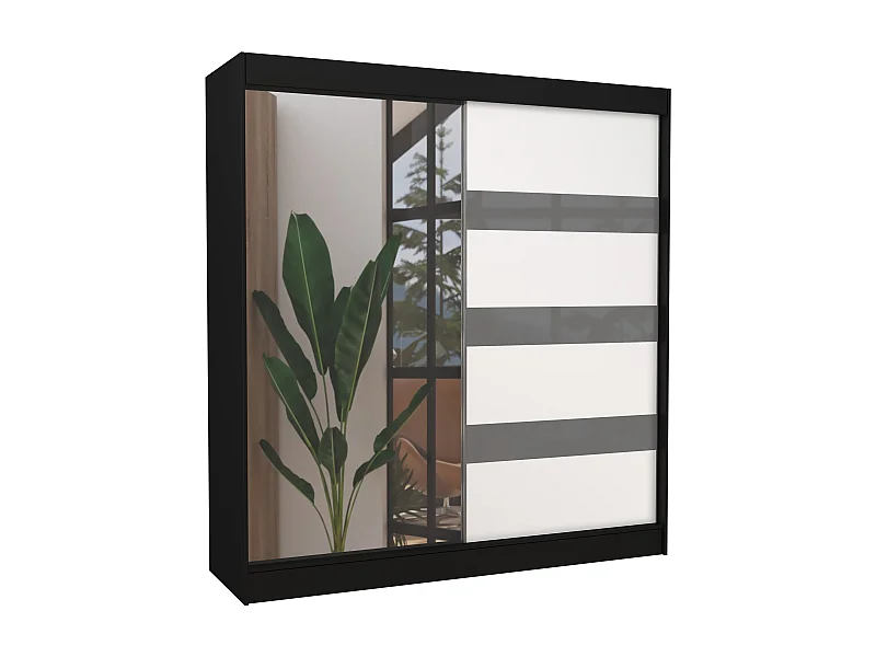Armoire de chambre noire 1 porte blanche et grise laquée 1 porte miroir Voka - 3 tailles-Largeur 200 cm