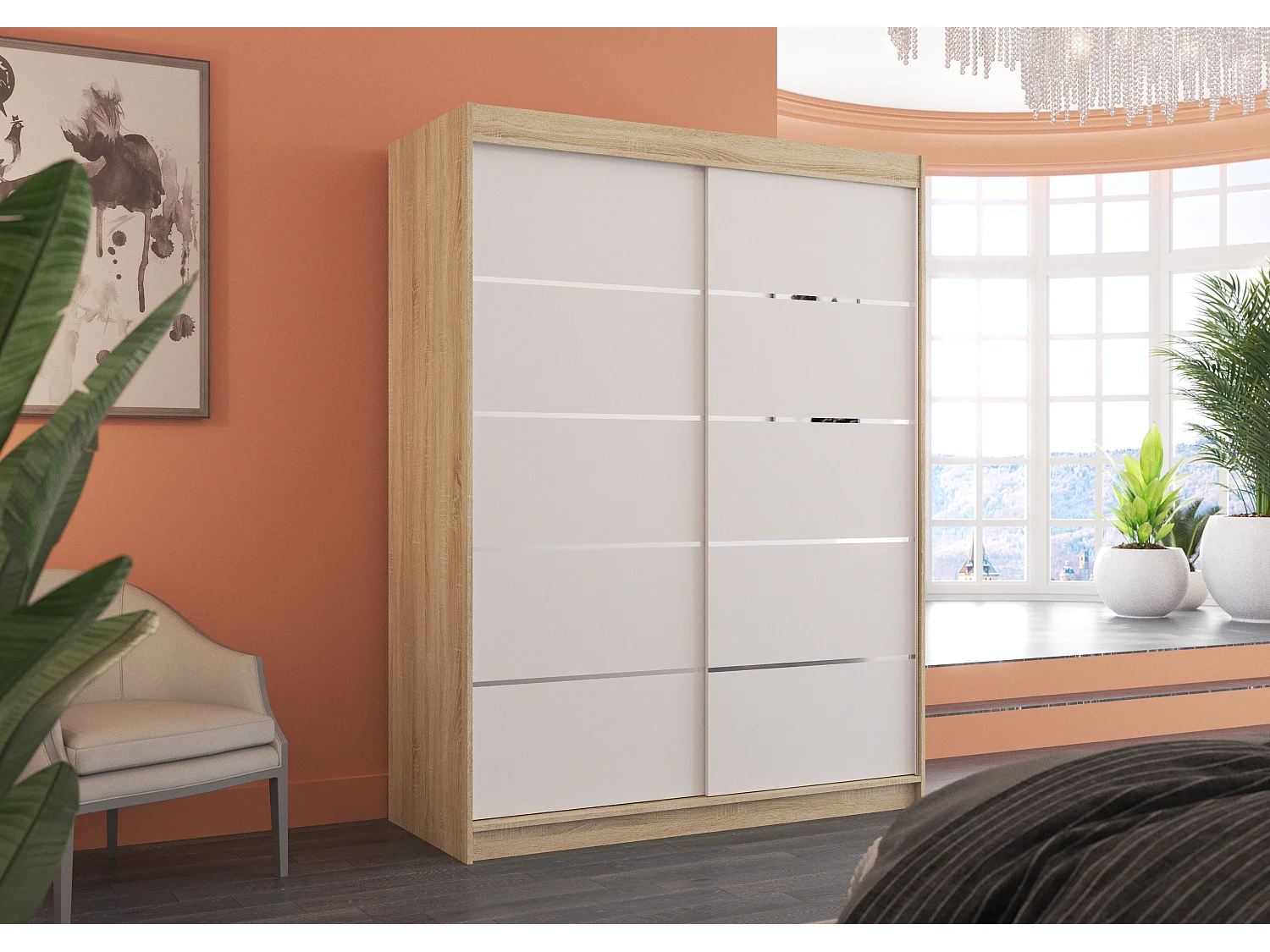 Armoire de chambre à coucher bois clair 2 portes coulissantes bois blanc et alu Kubik 150cm