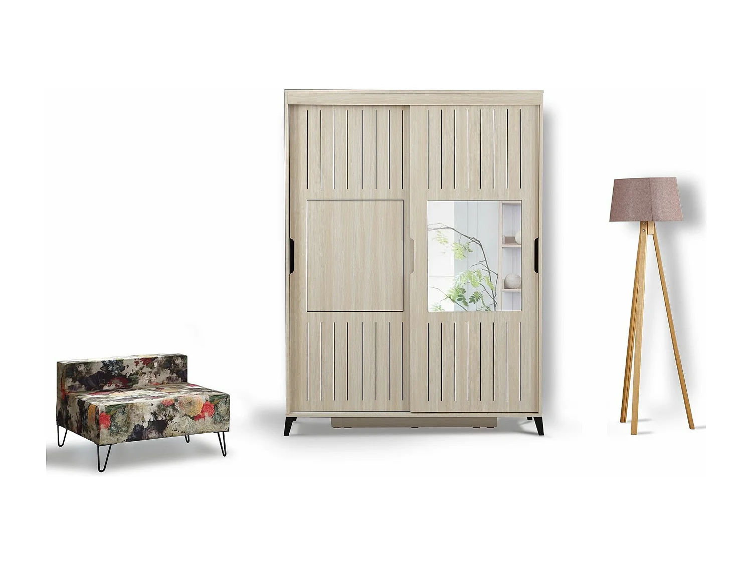 Licht eiken kledingkast voor volwassenen 2 schuifdeuren met spiegel Marka - 8 maten-Breedte 140cm