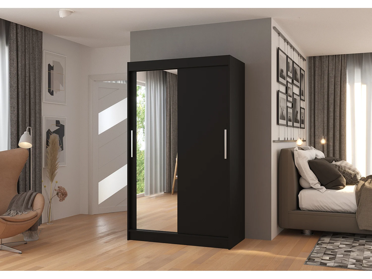 Petite armoire de chambre BAZO 2 portes coulissantes bois et miroir-Noir-Largeur 120 cm