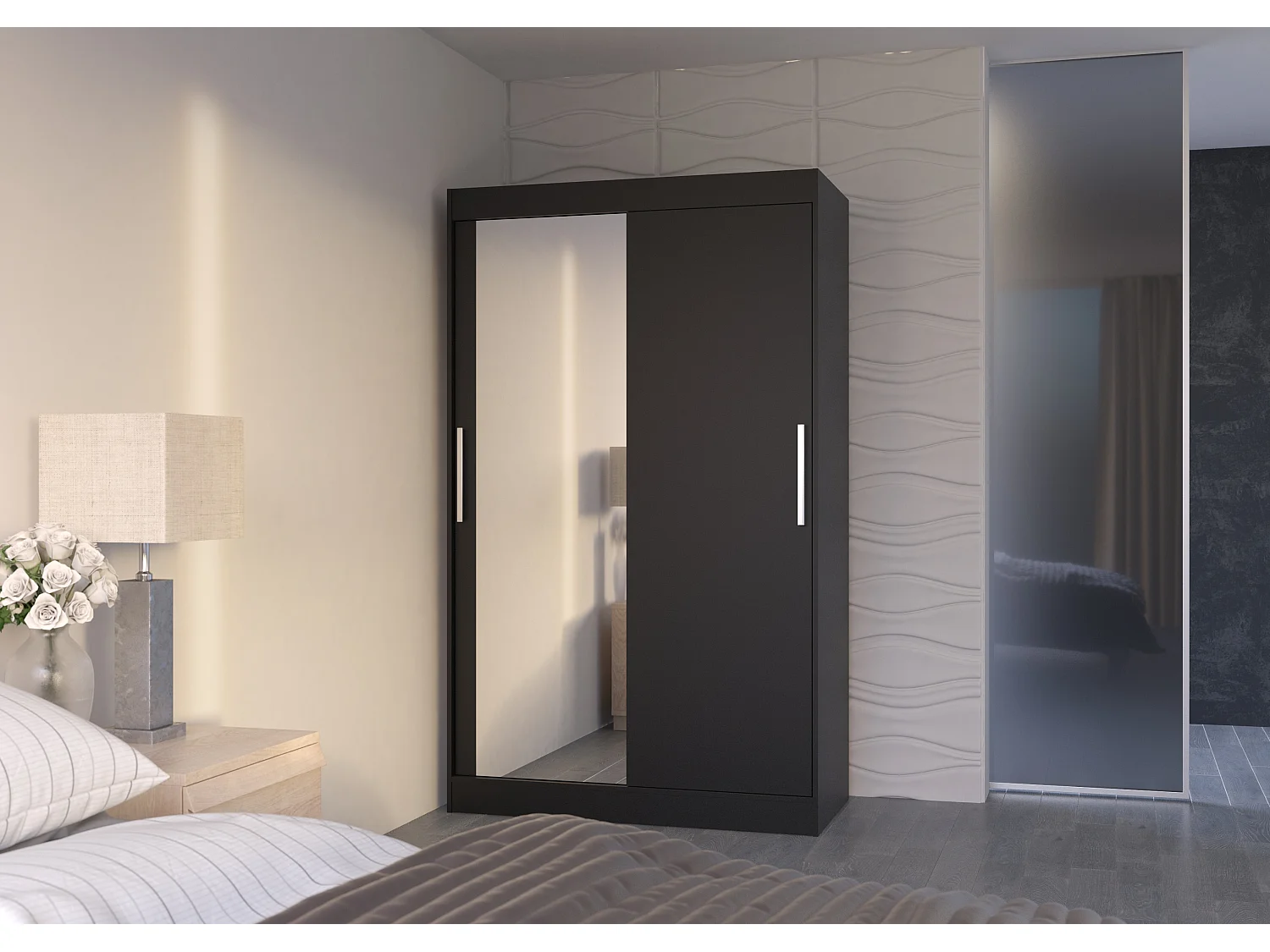 Petite armoire de chambre BAZO 2 portes coulissantes bois et miroir-Noir-Largeur 120 cm