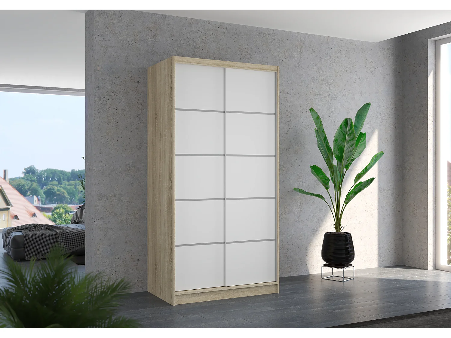 Petite armoire de chambre naturel 2 portes coulissantes en bois blanc Rika 100cm