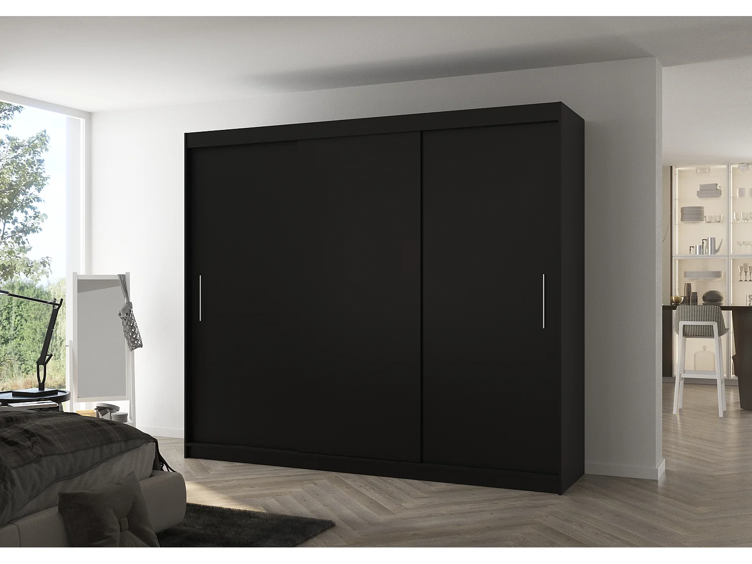 Grande armoire de chambre 3 portes coulissantes noir Badoz 250cm