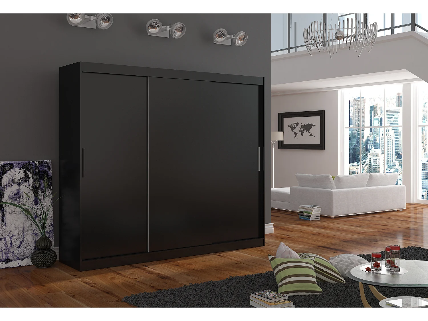 Grande armoire de chambre 3 portes coulissantes noir Badoz 250cm