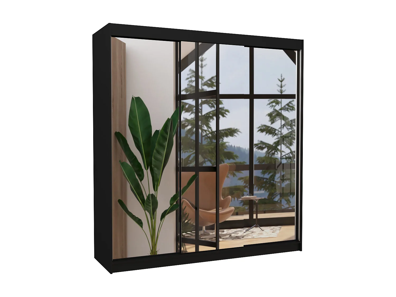 Armoire chambre adulte 2 portes coulissantes bois noir et miroir Kostina 200cm