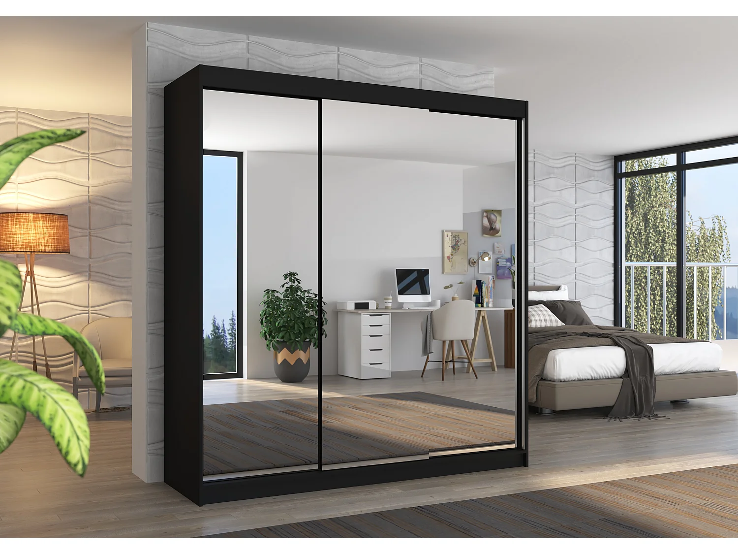 Armoire chambre adulte 2 portes coulissantes bois noir et miroir Kostina 200cm