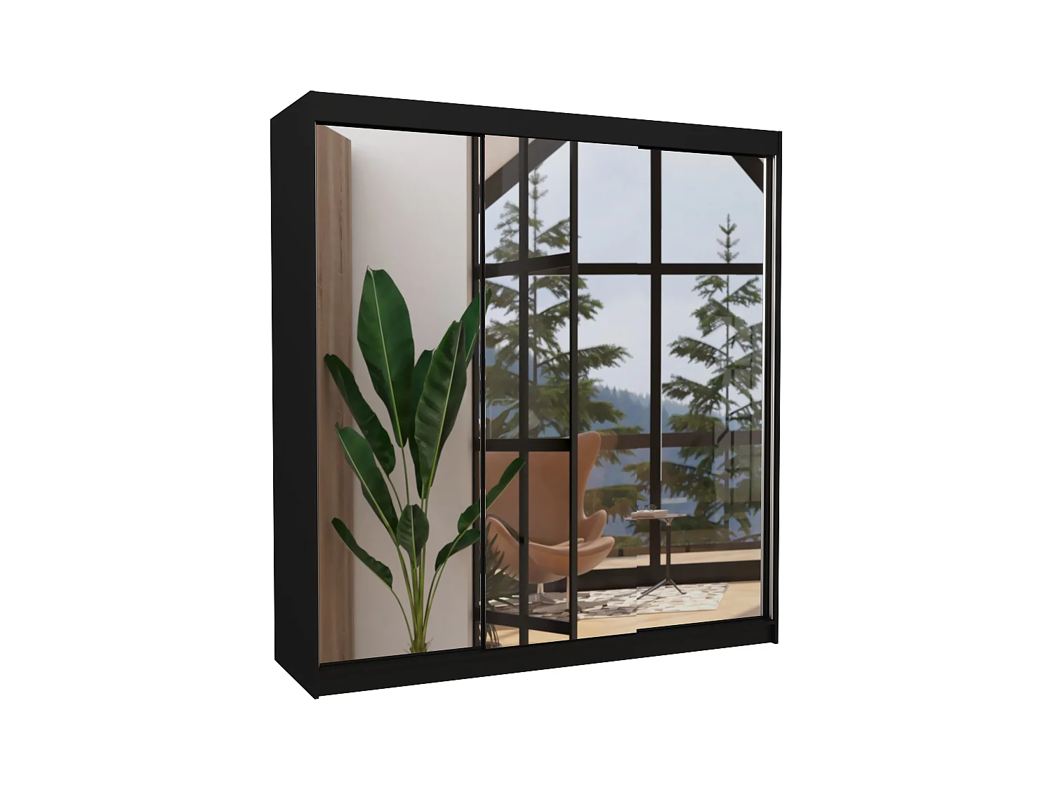 Armoire chambre adulte 2 portes coulissantes bois noir et miroir Kostina 200cm
